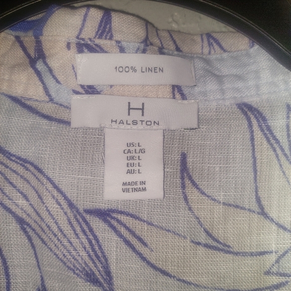 Halston Linen Women Large Top Shirt Tunic Blouse Blue Floral Button Down - Picture 5 of 5